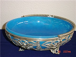 Blue opaline glass bowl/silver holder